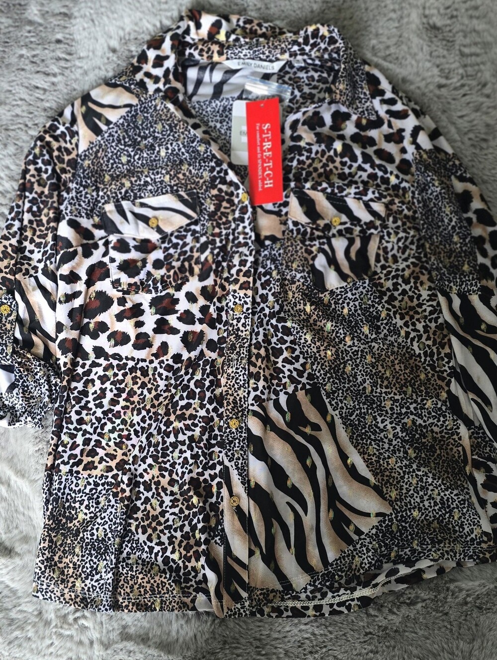 Emily Daniels Mixed Animal Print Button Up Shirt Gold Foiled. Medium